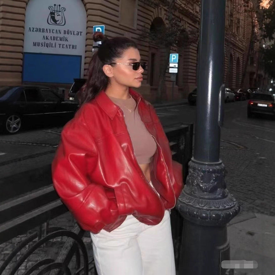 Women's Versatile Faux-Leather Bomber Jacket - Long Sleeve PU Jacket