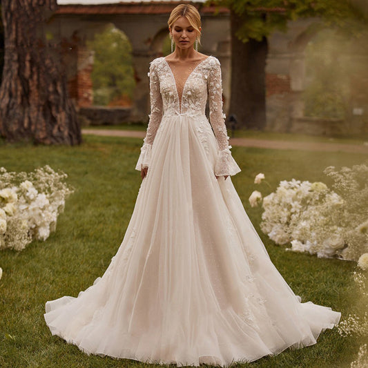 Women's Long Sleeve Embroidered Sheer Lace V-Neck Puffy Wedding Dress | Bridal Gown