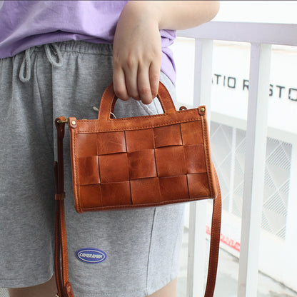 Vegetable-Tanned Head Layer Cowhide Leather Antique Woven Shoulder Bag - European American Retro Style