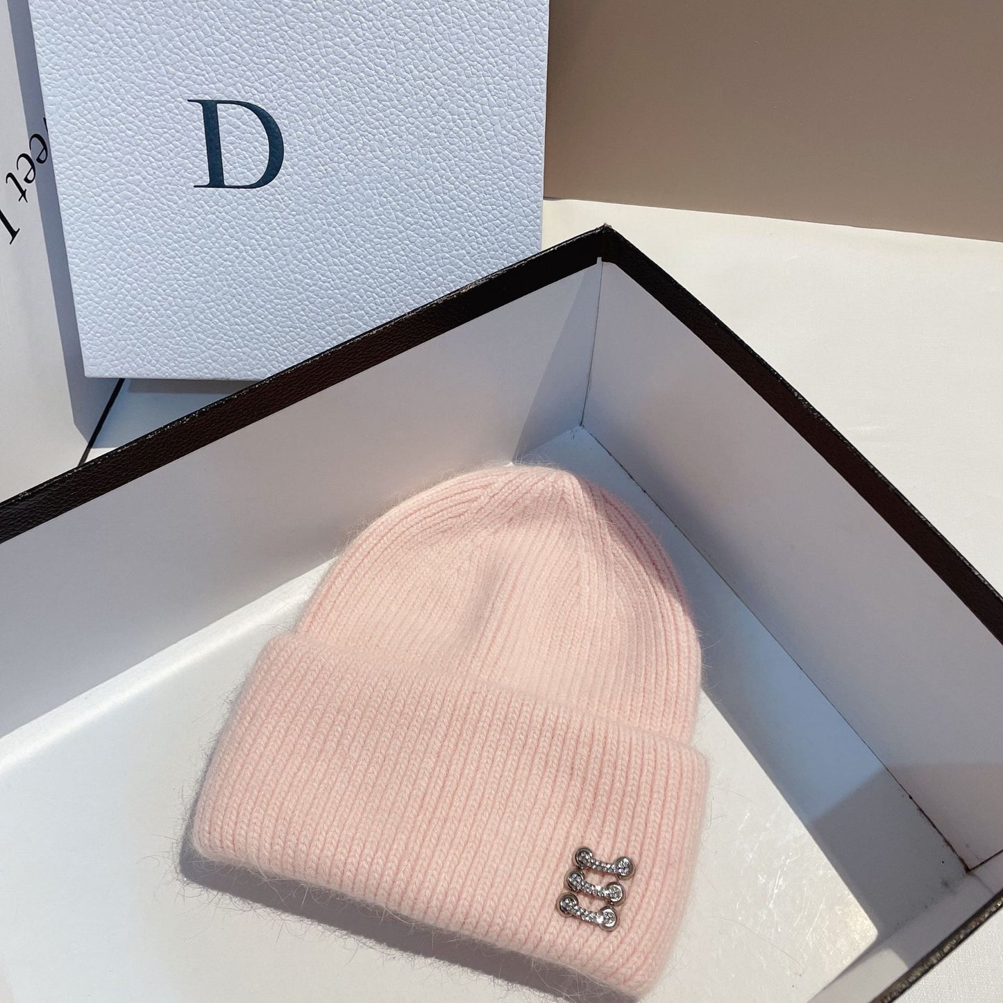 Women's Rabbit Fur Knitted Hat with Buckle - Winter Dome Crown Beanie