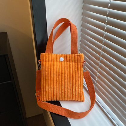 Corduroy Bucket Bag - Solid Color Crossbody Shoulder Bag with 3D Pocket