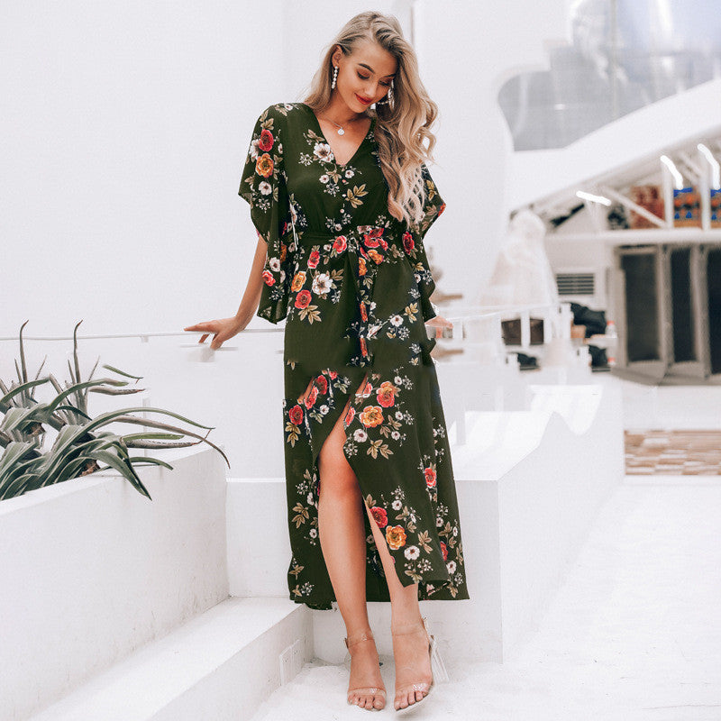 Women's Printed Long Slit Dress - Ruffled Maxi Dress with Irregular Hem