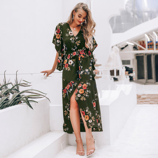 Women's Printed Long Slit Dress - Ruffled Maxi Dress with Irregular Hem