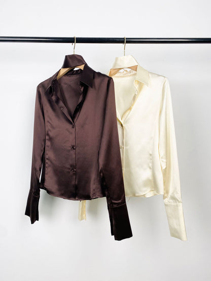 Women's Heavy Silk Shirt - Slim Fit Long Sleeve Blouse Top