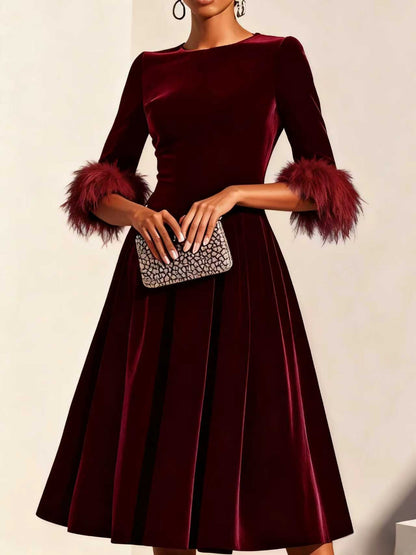 Women's Elegant Round-Neck Velvet Dress - Mid-Length Three-Quarter Sleeve
