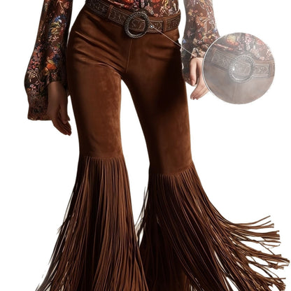Women's Retro Western Fringe Suede-Look Pants - High Waist Tassel Trousers
