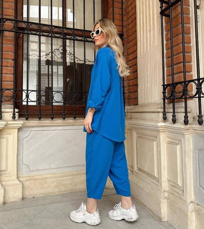 Women's Button Down Lounge Set - Long Sleeve 2-Piece Casual Loungewear with Pockets