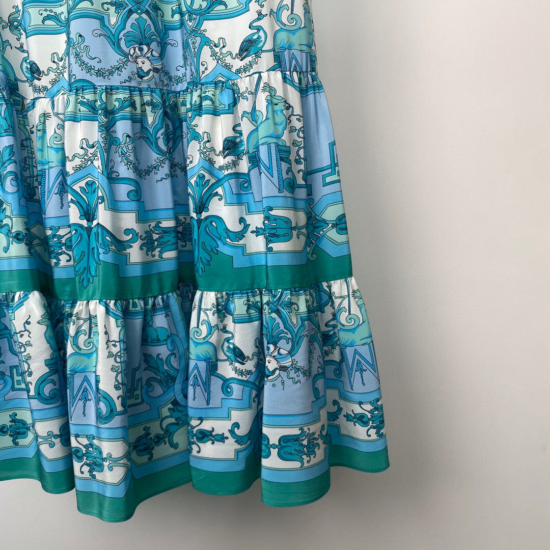 Elastic Waist Silk Print Tiered Skirt