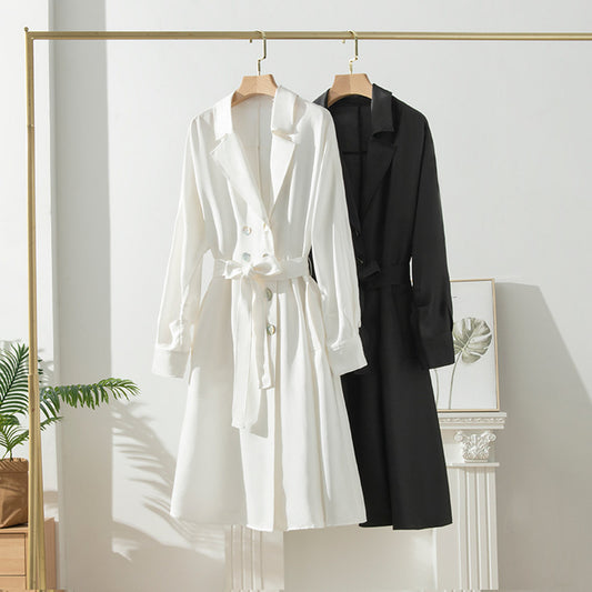 Silk Waist Trench Coat - Mid-Length Over-the-Knee