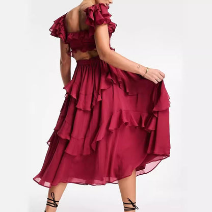 Women's Summer Ruffled Short-Sleeve Backless Square Neck Maxi Dress