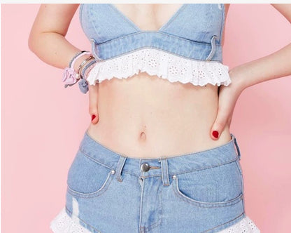 Women's Summer Beach Denim Suit - Sweet Plaid Lace Patchwork Two-Piece Set