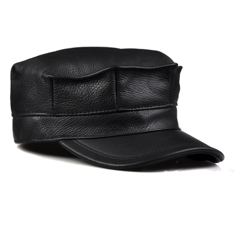 Men's Genuine Leather Octagonal Cap - Premium Cowhide Flat Top Hat