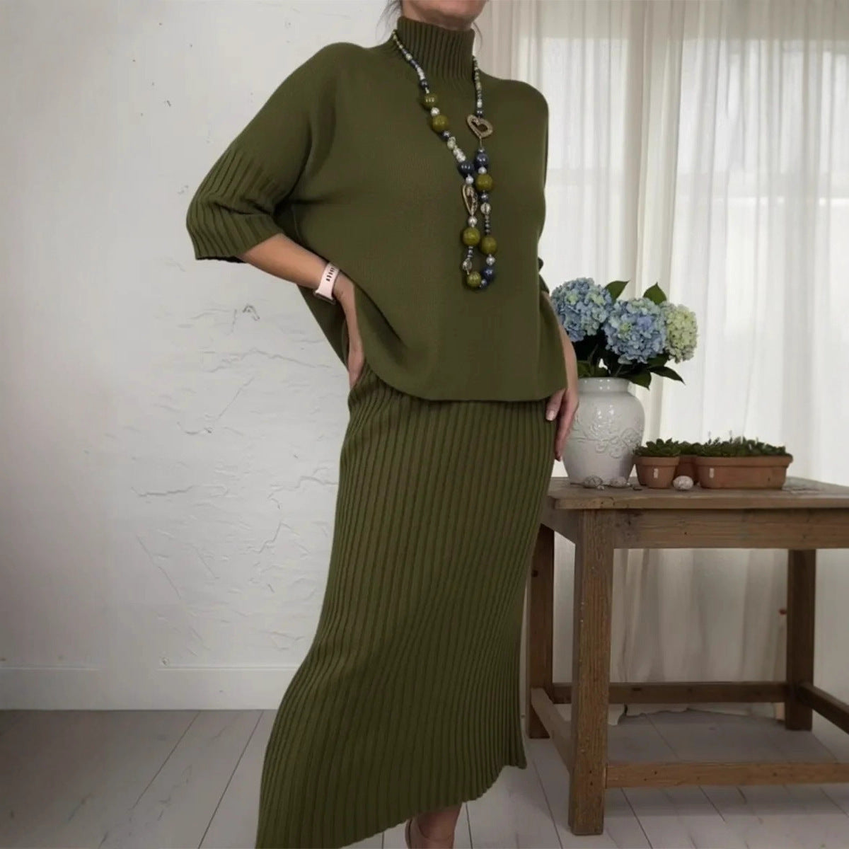 Women's Solid-Color Elegant High-Neck Knitted Sweater and Skirt Two-Piece Set - Intellectual Style