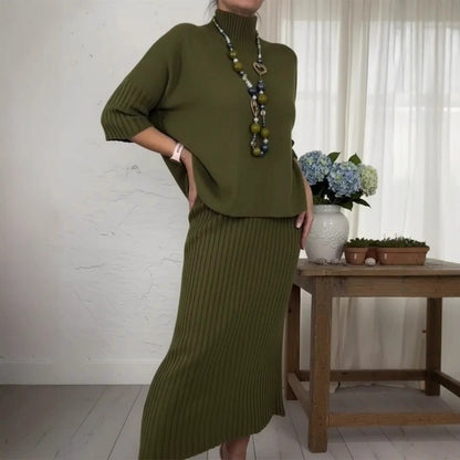 Women's Solid-Color Elegant High-Neck Knitted Sweater and Skirt Two-Piece Set - Intellectual Style