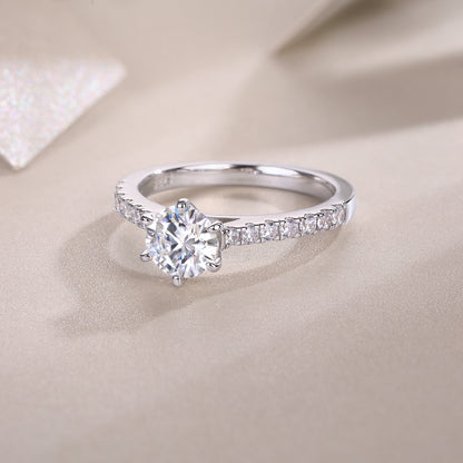 1 Carat Moissanite Sterling Silver Ring - Platinum Plated Wedding Band