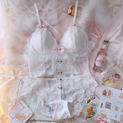 White Lace French Bralette Set - Wireless Comfort Bra