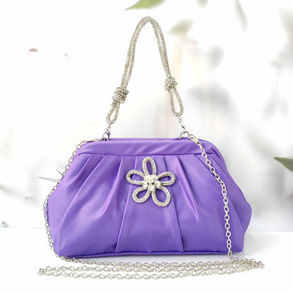 Polyester Evening Clutch - Shell Shape Shoulder Bag with Diamond Detail and Chain