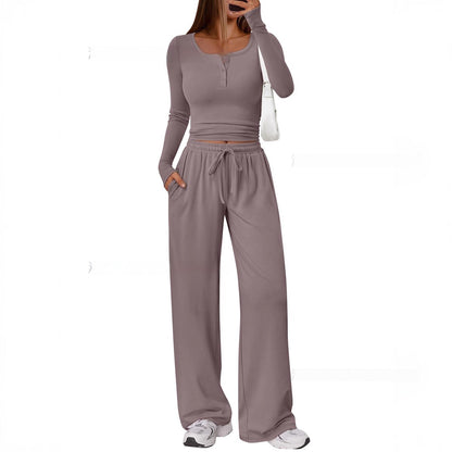 Women's Comfortable Casual Long-Sleeve Wide-Leg Pants Set - Japandi Style Pleated Top with Polyester