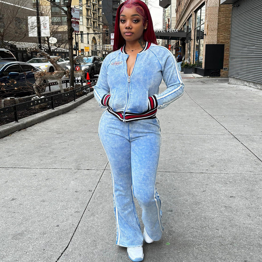 Women's Striped Color-Block Long Sleeve Top and Flared Leg Pants Set