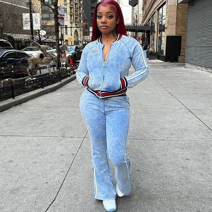 Women's Striped Color-Block Long Sleeve Top and Flared Leg Pants Set