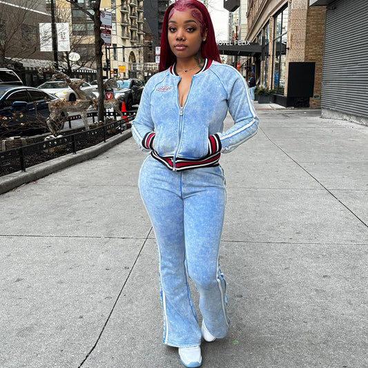 Women's Striped Color-Block Long Sleeve Top and Flared Leg Pants Set