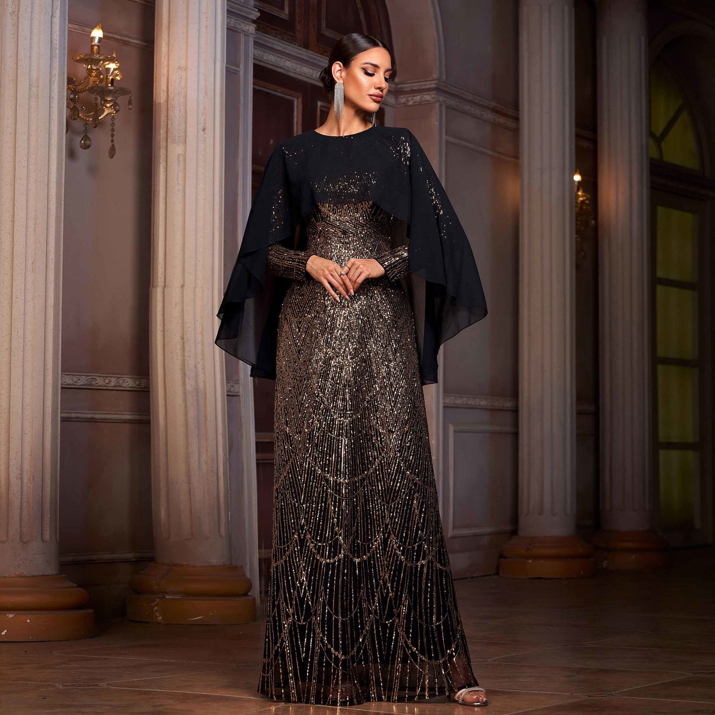 Black & Gold Sequin Long Sleeve A-Line Evening Dress | Shawl Collar Banquet Gown