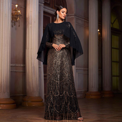 Black & Gold Sequin Long Sleeve A-Line Evening Dress | Shawl Collar Banquet Gown
