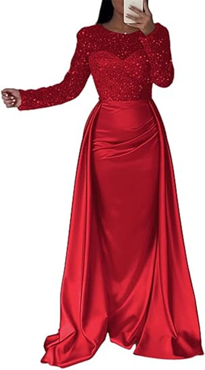 Sequin Long Sleeve Flared Hem Maxi Evening Gown | Elegant Formal Dress