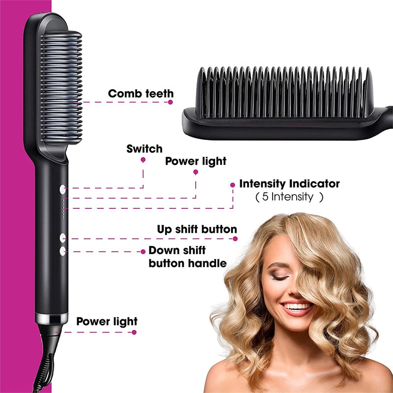 2-in-1 Hair Straightener & Curling Comb | Tourmaline Ceramic | Negative Ion Electric Hair Brush