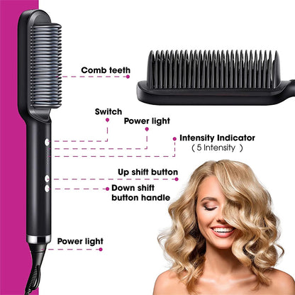 2-in-1 Hair Straightener & Curling Comb | Tourmaline Ceramic | Negative Ion Electric Hair Brush