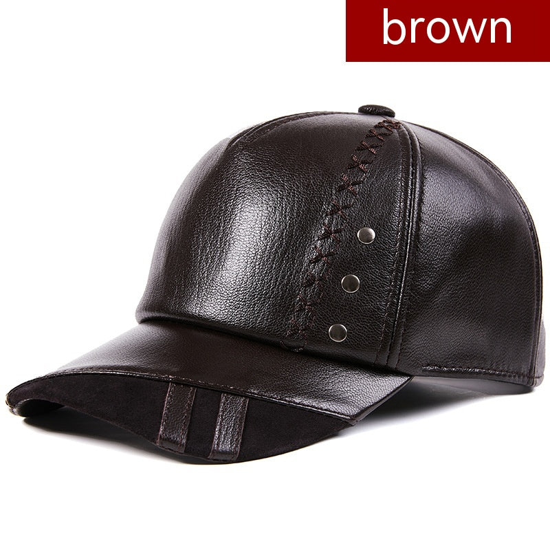 Full-Grain Sheepskin Leather Baseball Cap - Korean Style Adjustable Dome Crown