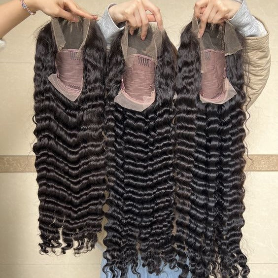 Real Human Hair Wig 13x4 Lace Deep Rolled Wavy - Natural Hair Mechanical Hand Weaving
