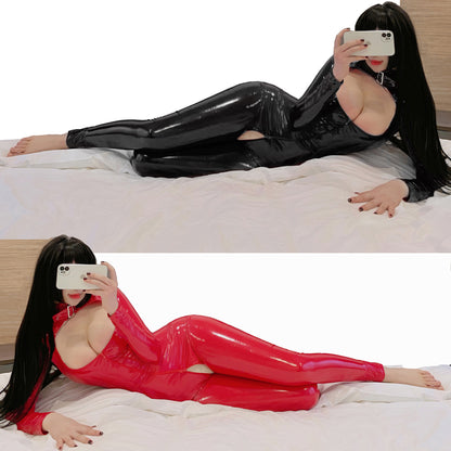 Women's Patent Leather Jumpsuit - Shiny Polyester Bodysuit