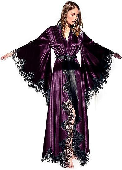Women's Long Satin Bridal Robe with Lace Trim - V-Neck Wrap Sleepwear