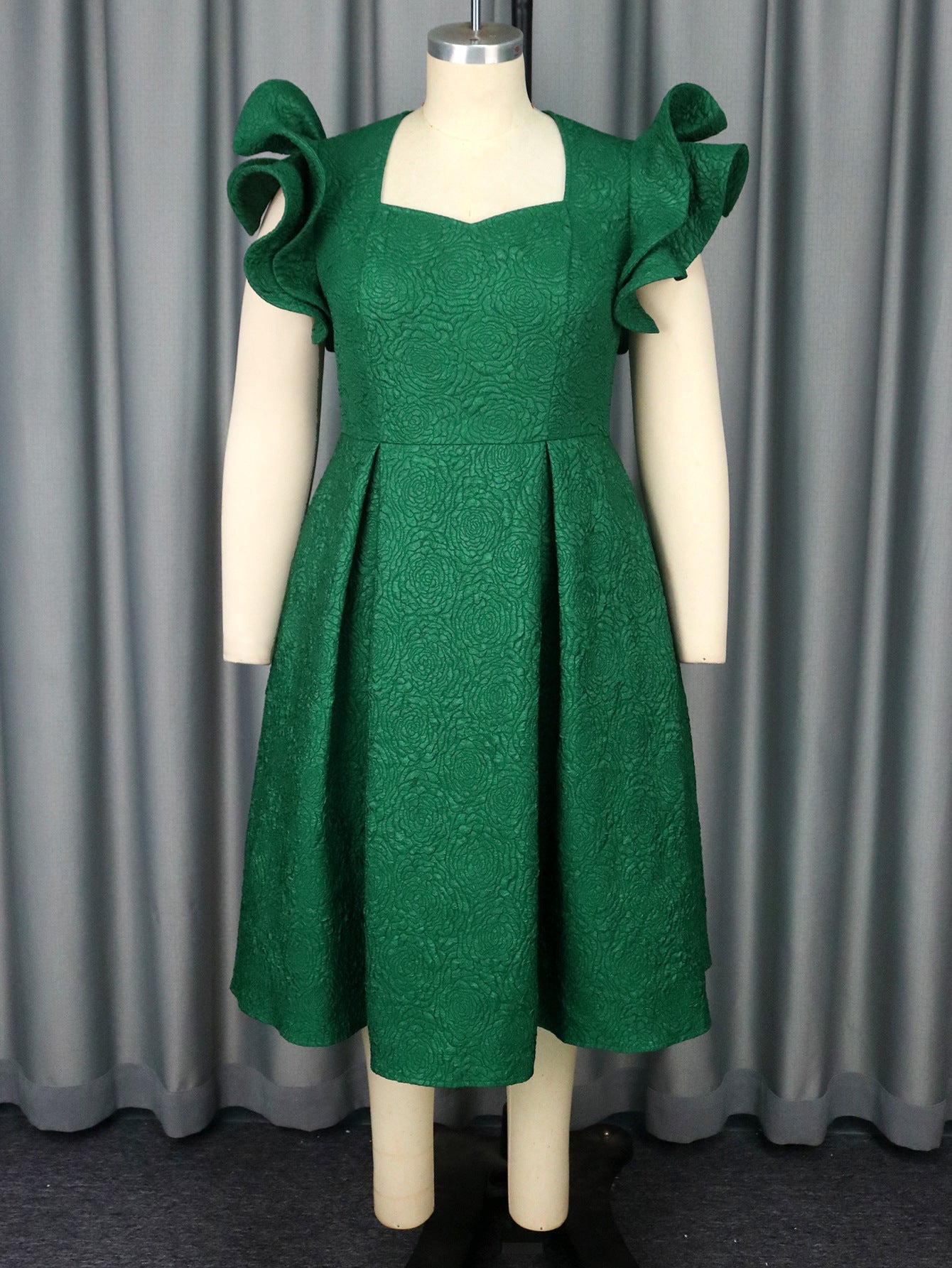 Women's Dark Green Jacquard Ruffle-Sleeve A-Line Evening Dress (Plus Size)