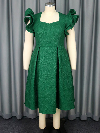 Women's Dark Green Jacquard Ruffle-Sleeve A-Line Evening Dress (Plus Size)