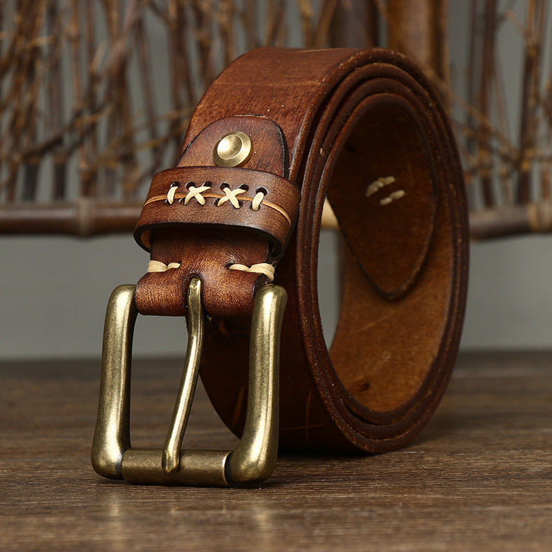 Washed-Out Vintage First Layer Cowhide Leather Belt - Genuine Leather Jeans Belt with Copper Pin Buckle