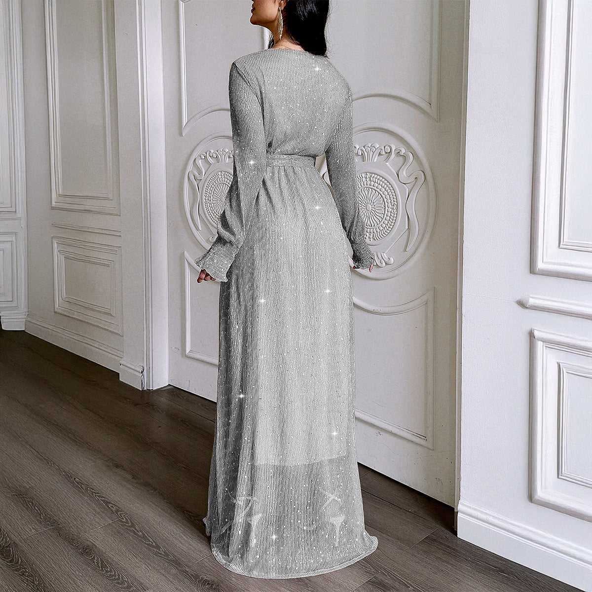 Women's Elegant Polka Dot Long-Sleeve Maxi Dress - A-Line Casual Dress
