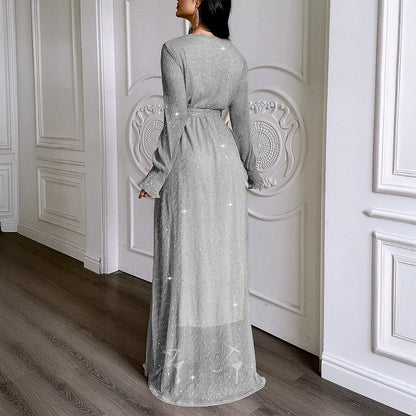 Women's Elegant Polka Dot Long-Sleeve Maxi Dress - A-Line Casual Dress