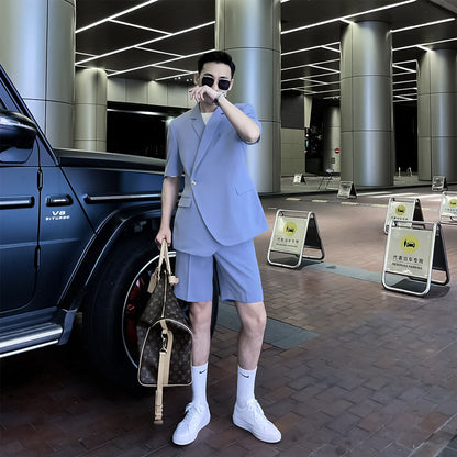 Men's Solid Color Short Sleeve Shirt & Shorts Set - Premium Two-Piece Summer Suit