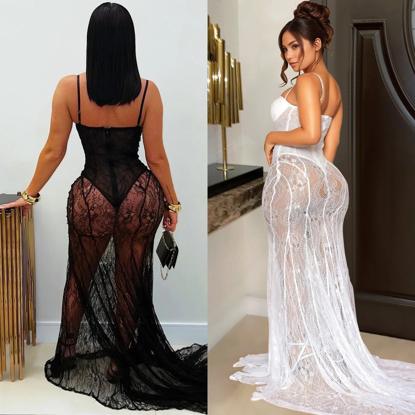 Women's Lace Sling Dress - Elegant Sleeveless Fishtail Skirt with See-Through Detail