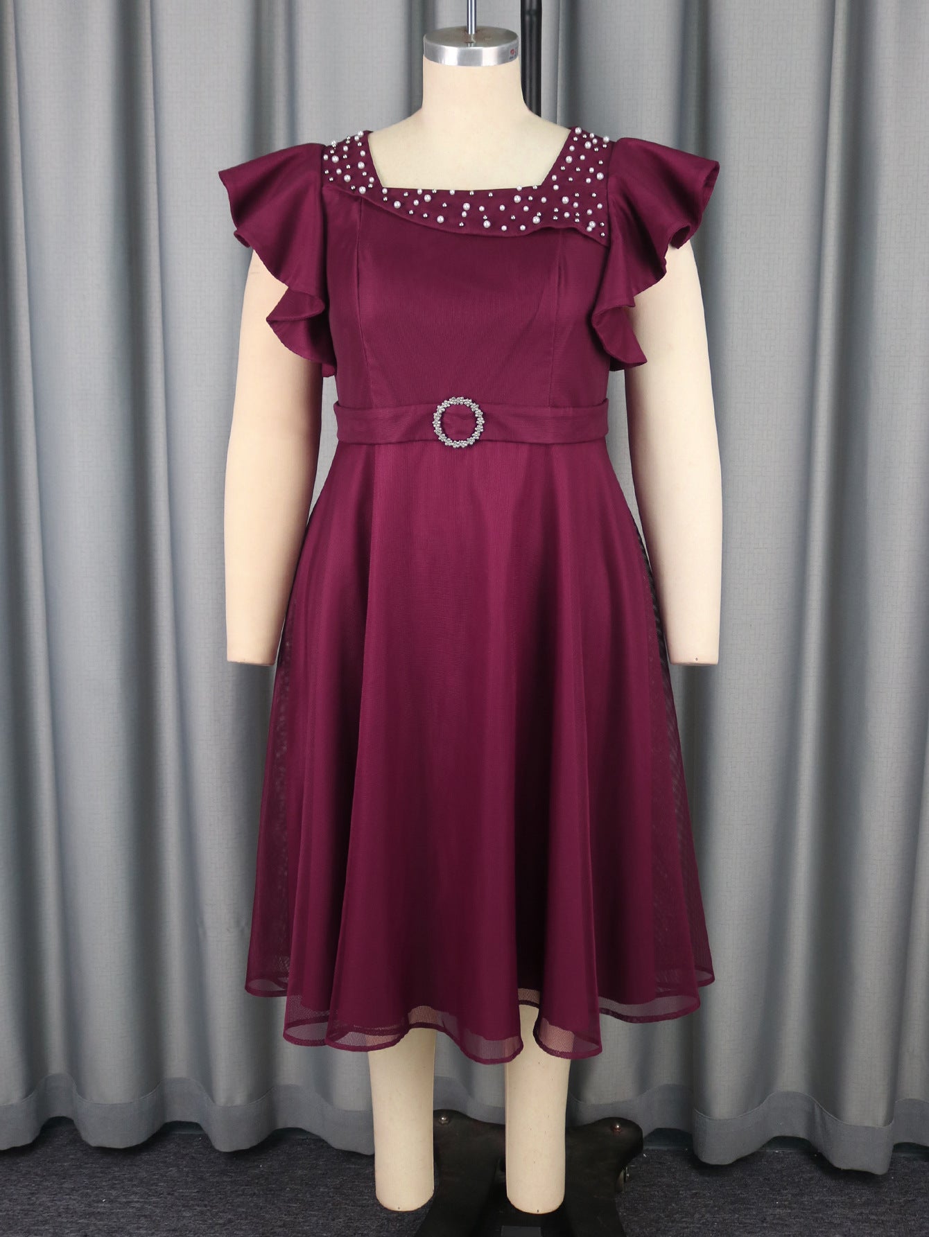 Women's Mesh Butterfly Sleeve Ruffle A-Line Midi Dress | Party & Wedding Guest