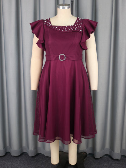 Women's Mesh Butterfly Sleeve Ruffle A-Line Midi Dress | Party & Wedding Guest