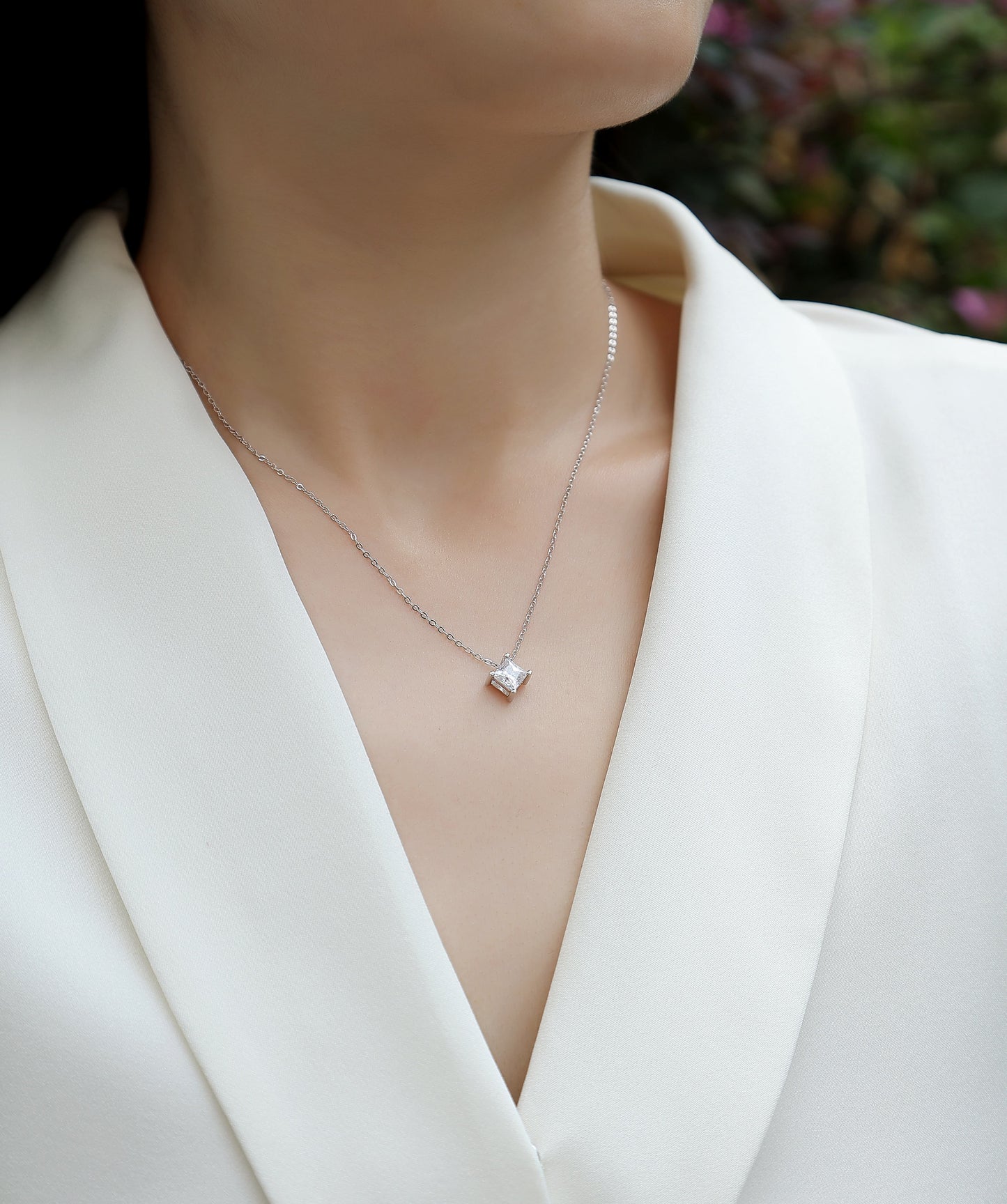Moissanite Square Pendant Necklace - S925 Silver Platinum-Plated with GRA Certificate
