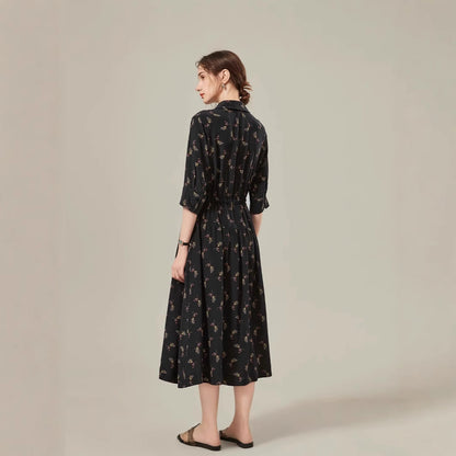 Women's Floral Mid-Length Shirt Dress - Mulberry Silk Jacquard in Classic Black