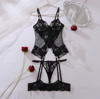 Embroidered Lace Lingerie Set - Push-Up Bra and Panties with Gem Detail