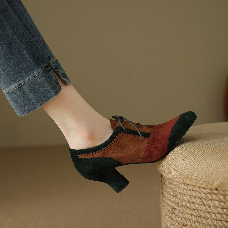 Retro Lace-Up Leather Ankle Boots - Mid-Calf Chunky Heel Shoes