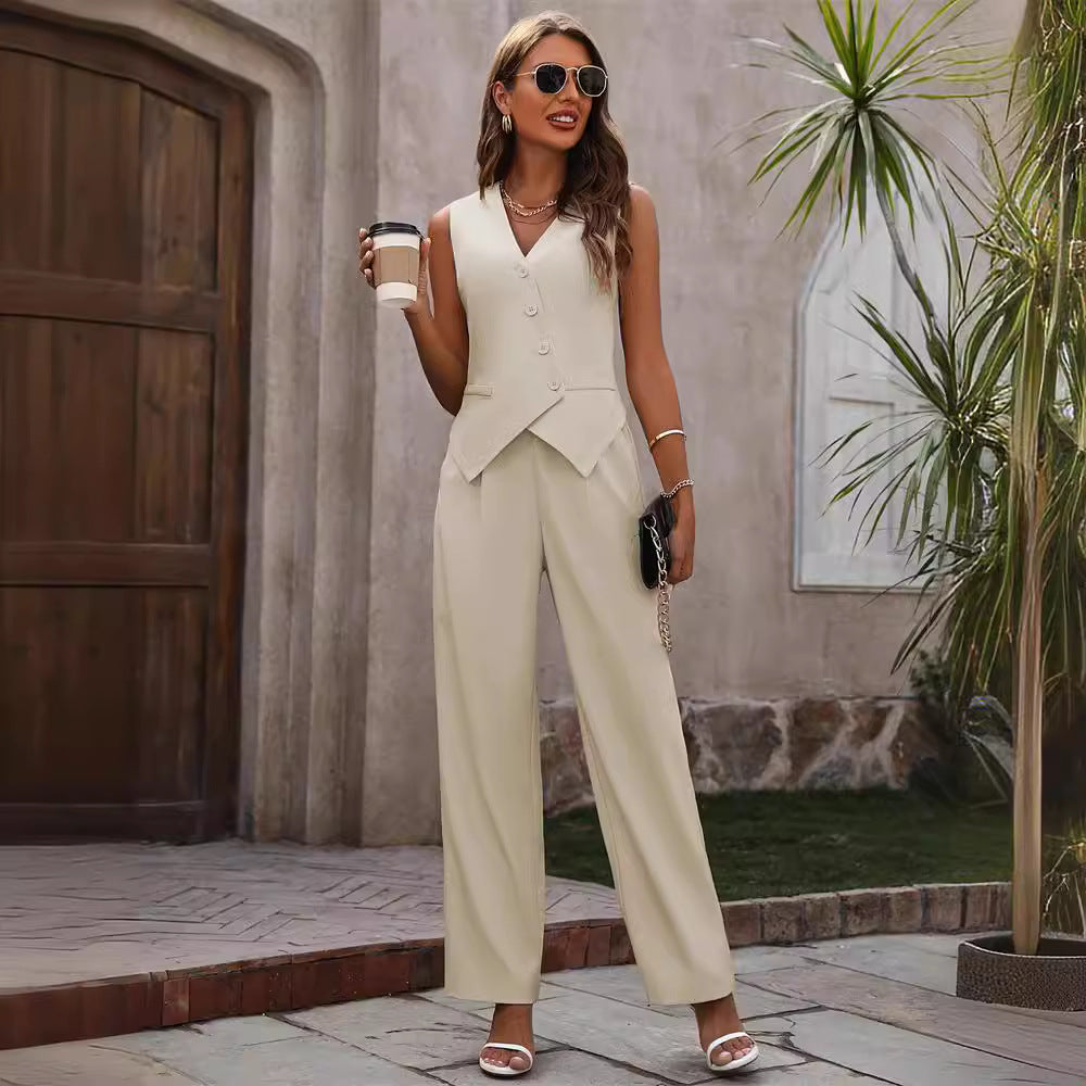 Women's Commuter Suit - Summer Button Sleeveless Top and Straight Trousers Two-Piece Set