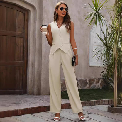 Women's Commuter Suit - Summer Button Sleeveless Top and Straight Trousers Two-Piece Set