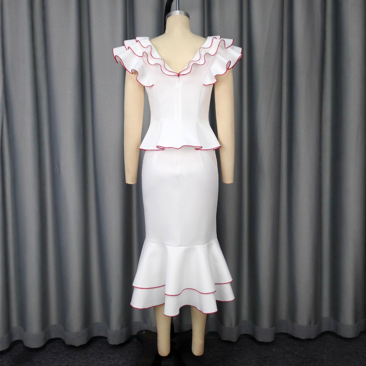 Women's Ruffled Contrast Color Two-Piece Skirt Suit